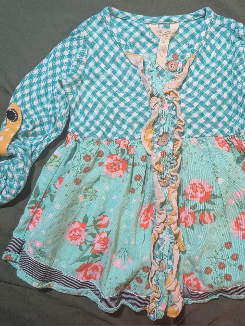 Matilda Jane Girls Dress Joanna Gaines MJ 3/4 button up shirt/tunic teal Size 4
